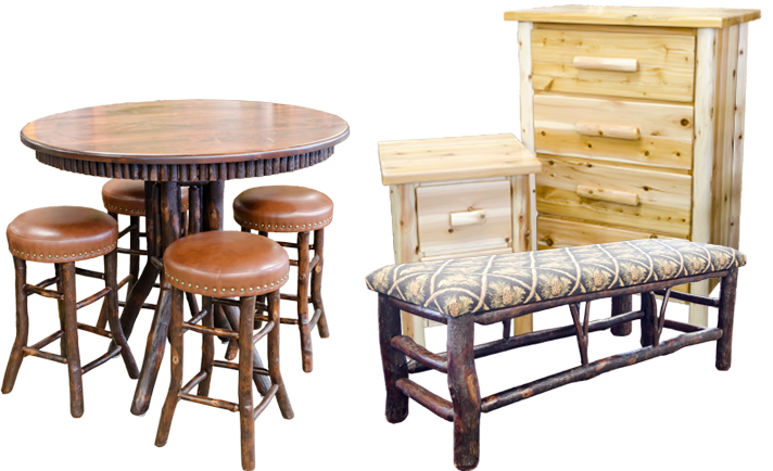 Rustic wooden furniture set: round table with stools, dresser, bench, and side table.