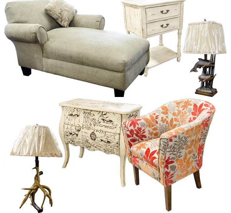 Various pieces of light-colored furniture: chaise lounge, nightstand, lamps, accent chair, and a chest of drawers.