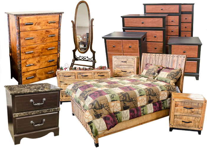 Bedroom furniture set: wooden bed, dressers, nightstands, mirror, and patchwork quilt.