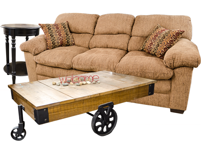 Beige sofa with patterned pillows, wooden coffee table with wheels, and black side table.