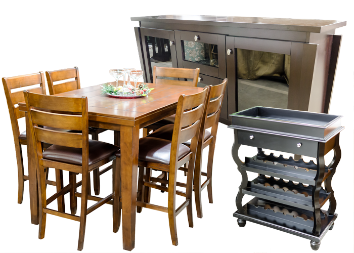 Dining set: tall table with six chairs, bar cabinet, and wine rack on wheels.