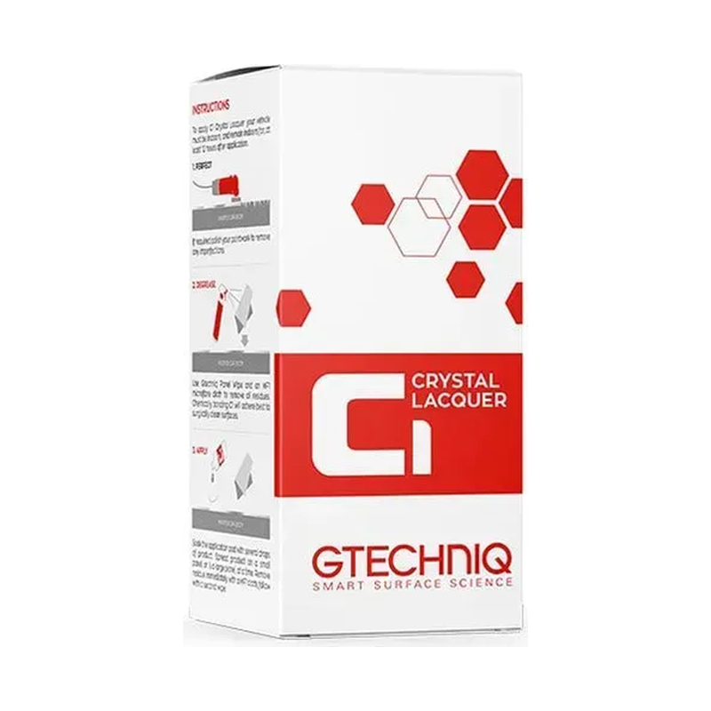 Gtechniq Crystal Lacquer product box, white and red with hexagon graphic