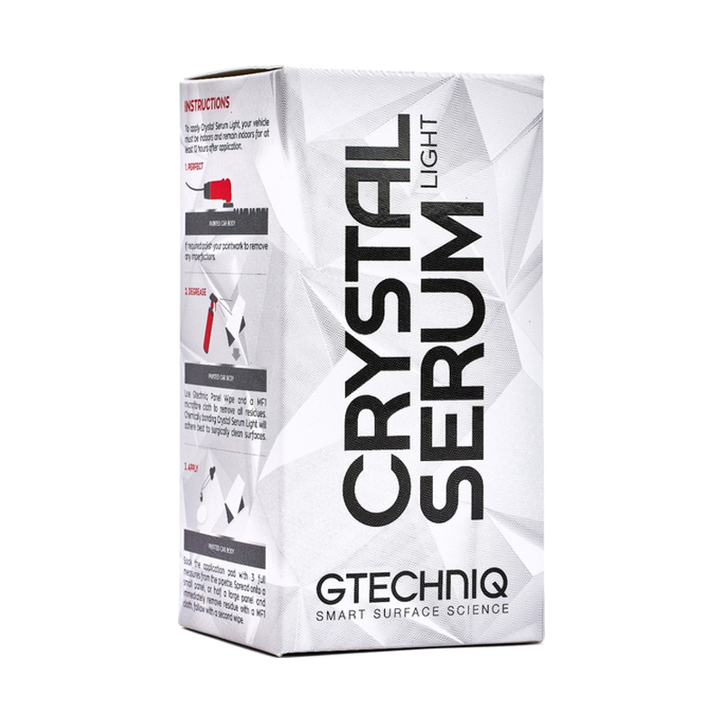 White box of Gtechniq Crystal Serum Light car coating packaging with black and red text