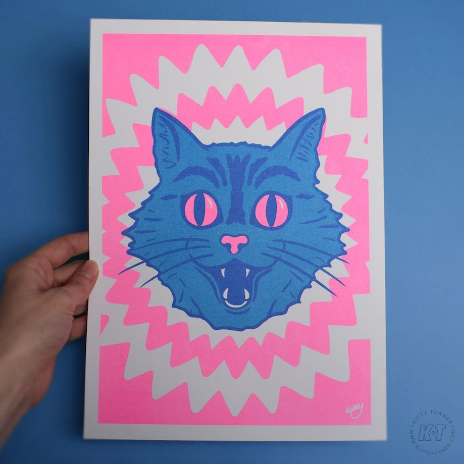 Colourful A4 cat risograph print