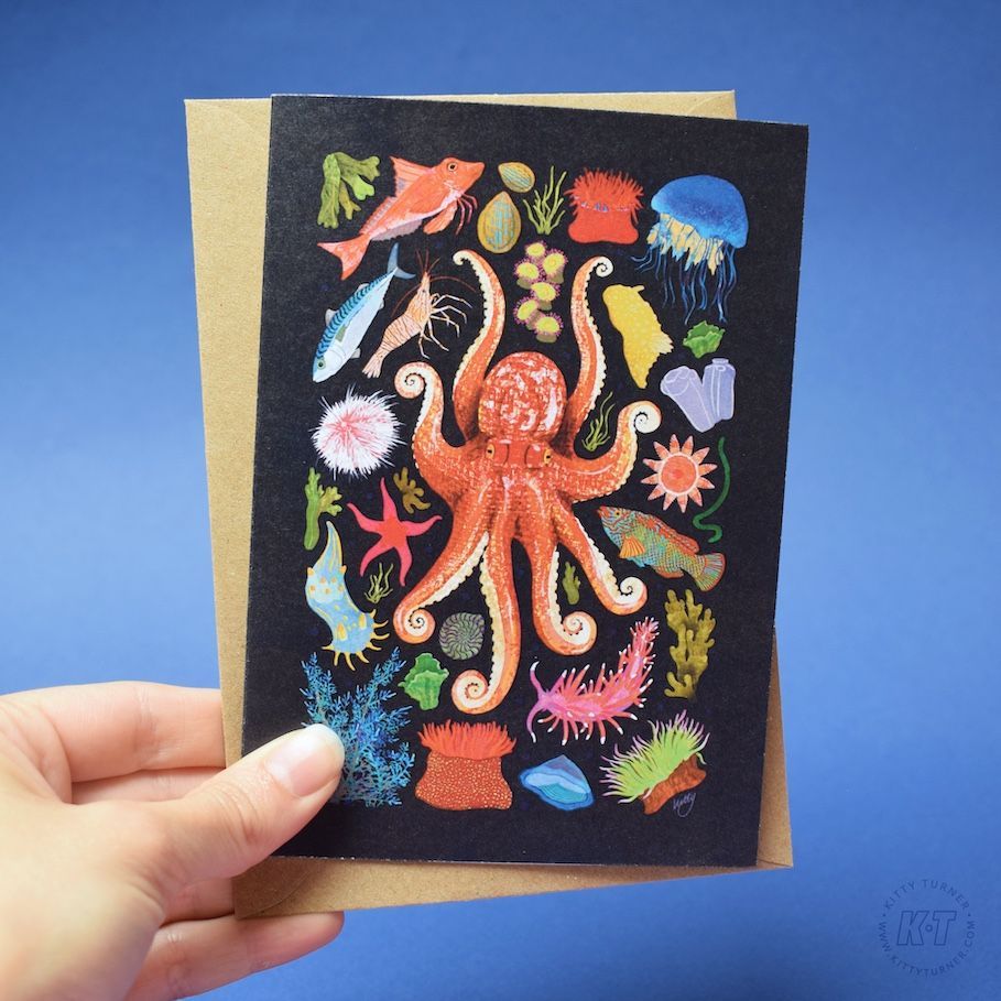 Colourful British marine life art illustration print card