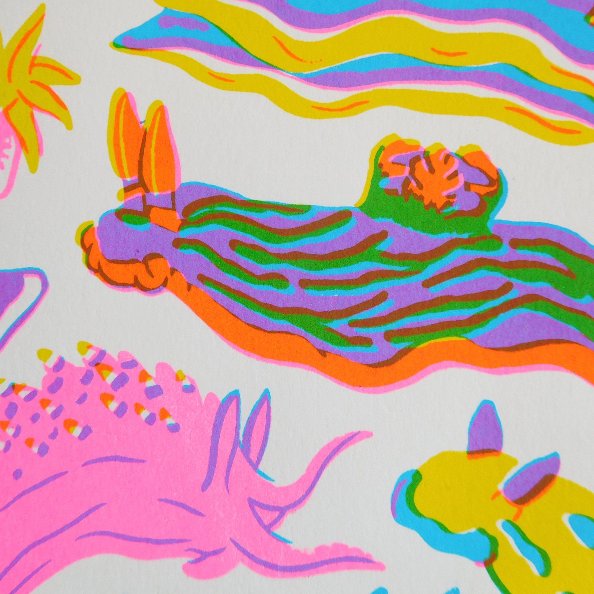 Colourful screen printed sea slug nudibranch A4 prints