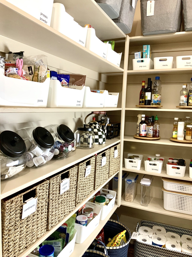 How to organize a large pantry, how to organize a deep pantry, how to a organize a tall pantry, how to use glass jars in a pantry, how to use lazy Susan’s in a pantry DFW professional organizer