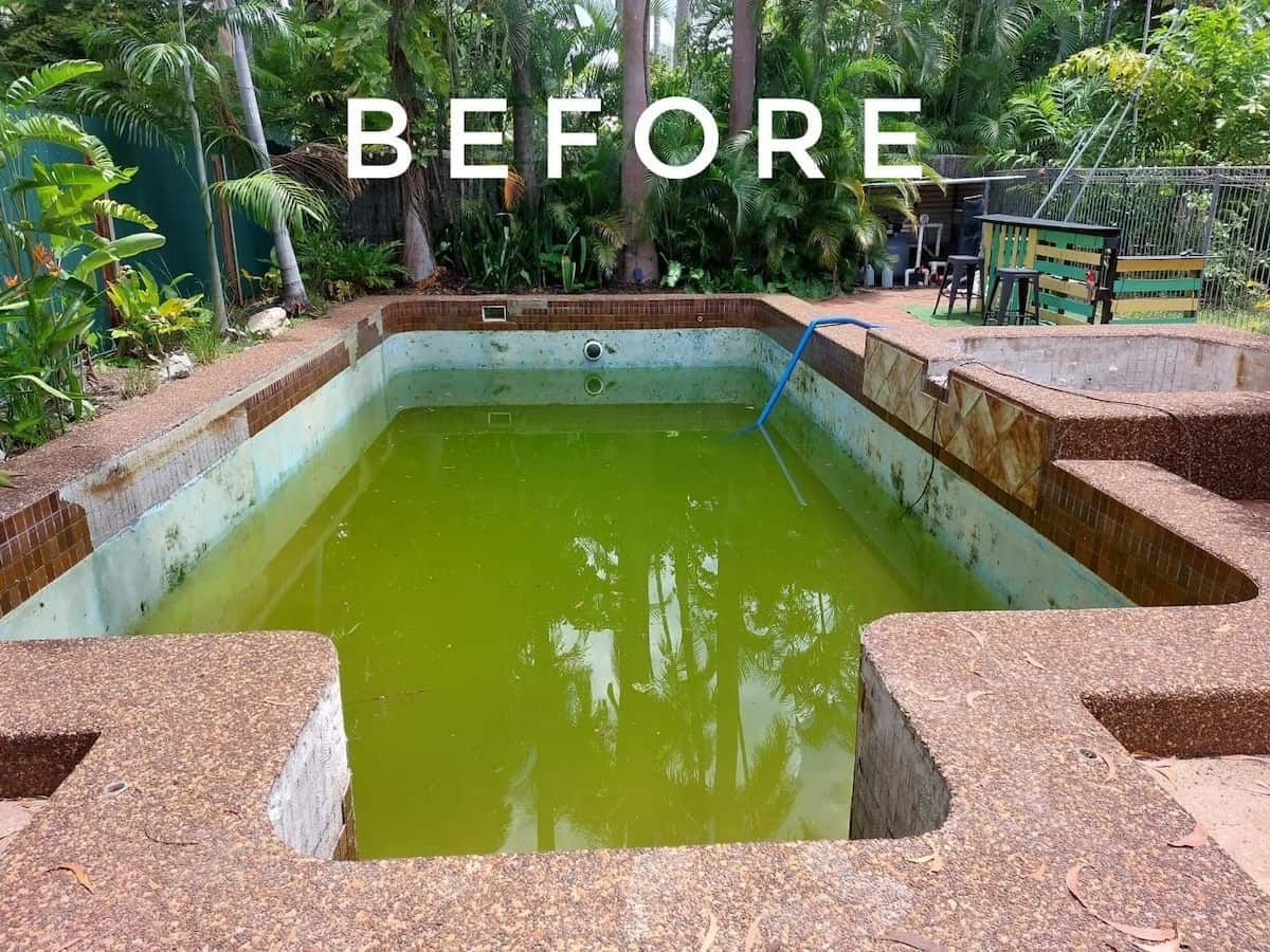 A Neglected, Green Swimming Pool With Worn and Exposed Aggregate Coping — Rod Hardy Plunge Pools in Girraween, NT