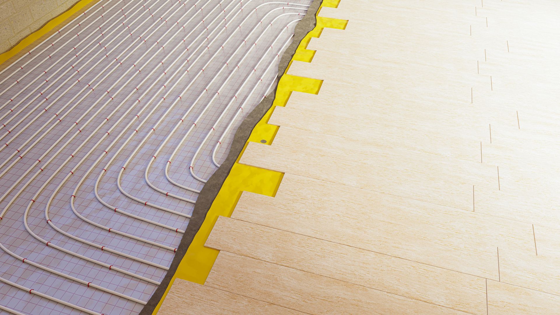 Un gros plan d'un plancher en bois avec une bordure jaune