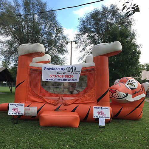 A tiger bouncy house is sitting on top of a lush green field.