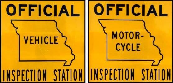 Two yellow signs that say official vehicle inspection station and motor cycle inspection station