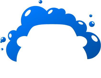 Blue soapy bubbles framing a white car outline, suggesting a car wash.