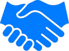 Blue icon of two hands clasped in a handshake, symbolizing agreement or partnership.