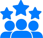 Blue icon of three people with three stars above them.