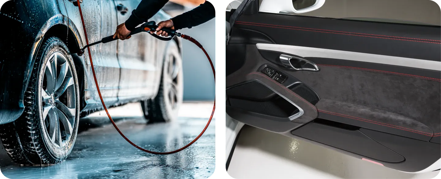 Black Porsche Targa being washed with soap on a brick driveway.