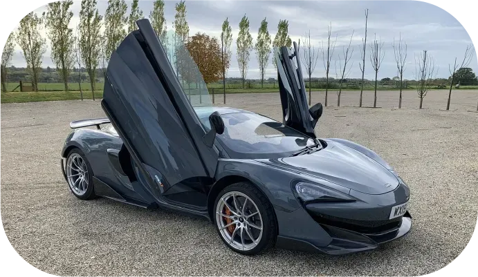 Grey McLaren sports car with doors open, parked on gravel.