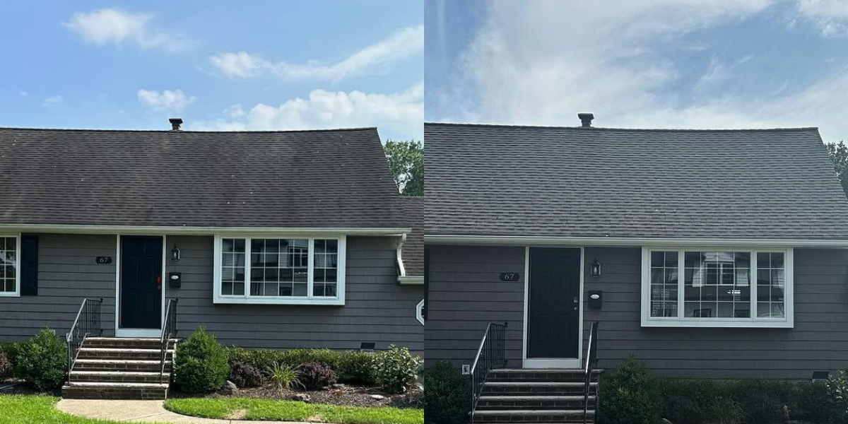 Before-and-after view of a house with a roof cleaned on the right side. Gray siding and a dark front door.