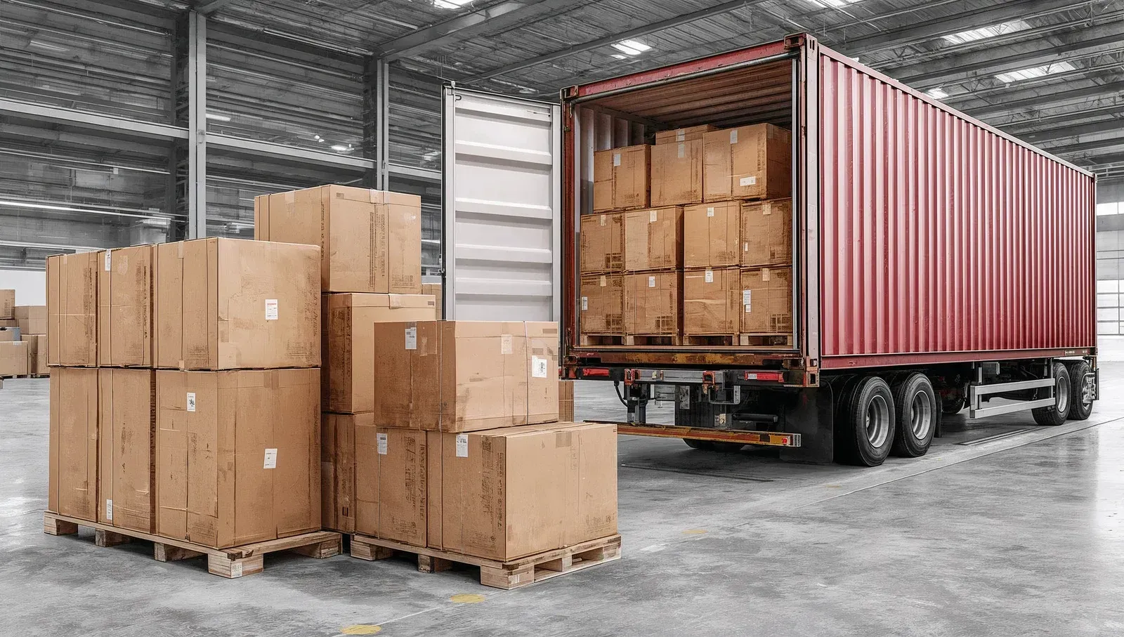 Warehouse loading dock with cardboard boxes stacked beside and inside a red shipping container.