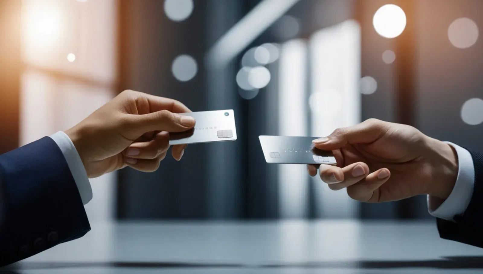 Two hands exchanging a white credit card across a counter in a blurred office setting
