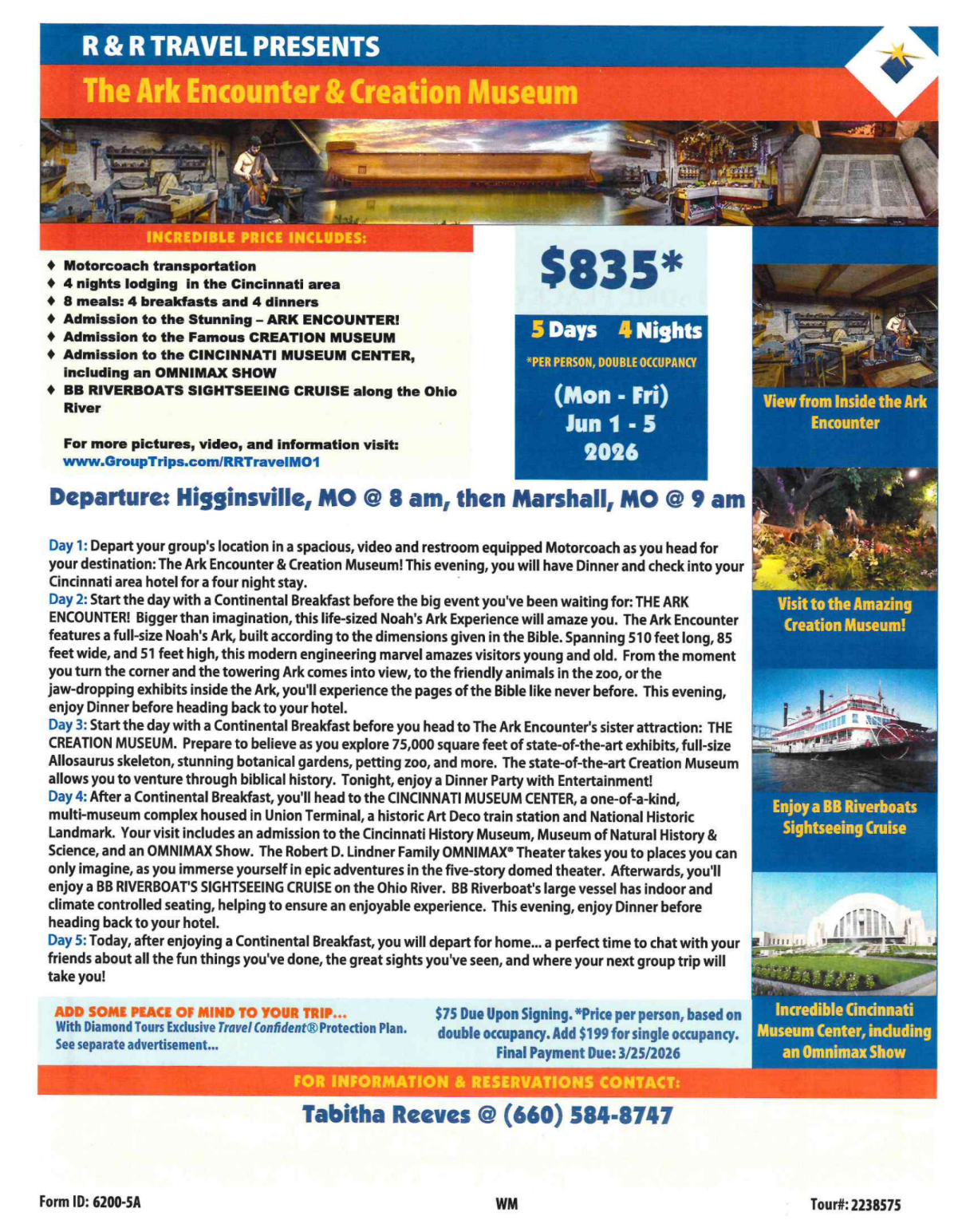 Travel brochure for Ark Encounter & Creation Museum with cost, departure dates, and attractions.