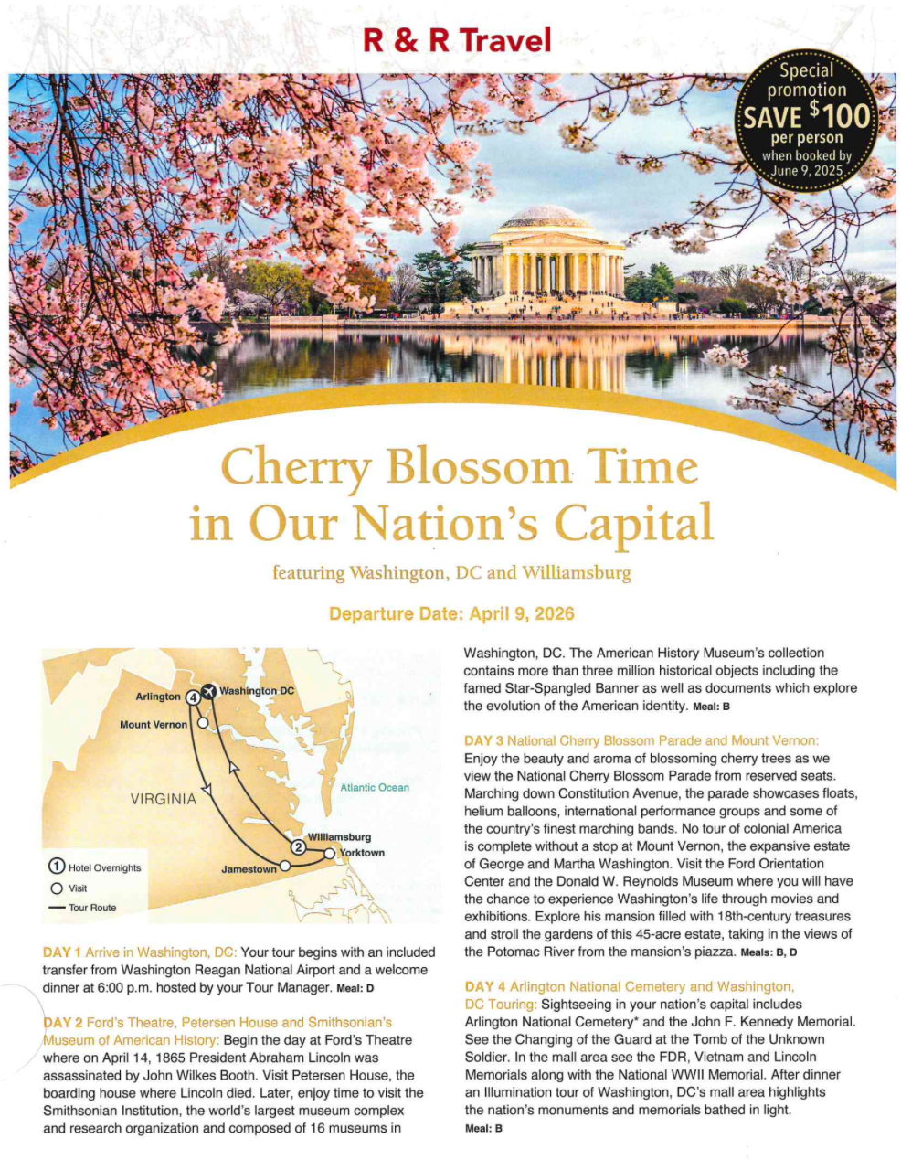 Cherry blossom tour advertisement: DC's Jefferson Memorial reflected in water, pink blossoms above, map and text below.