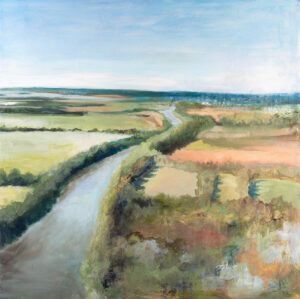 A painting of a river running through a lush green field