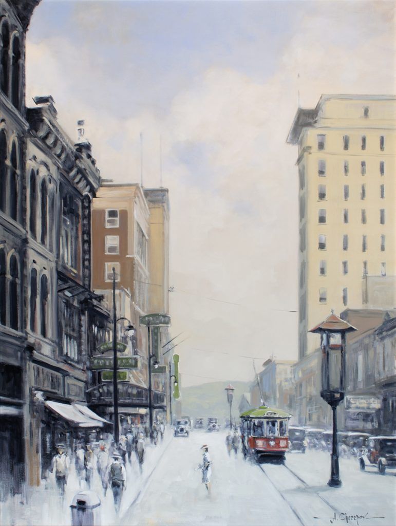 A painting of a city street with a trolley going down it