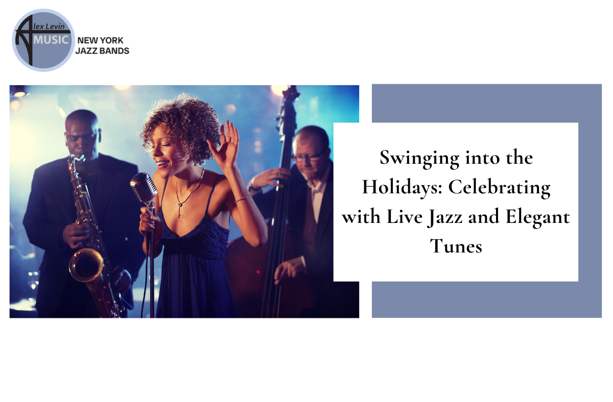 Live jazz holiday promo with saxophonist, singer, and elegant tunes text on blue background