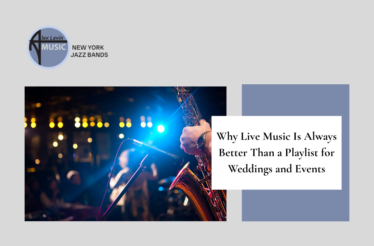 Live band performance with blue stage lighting and text: “Why Live Music Is Always Better Than a Playlist for Weddings and Events”