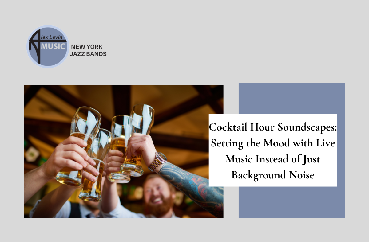 Champagne glasses clinking beside text about making happy hour soundscapes more than background noise