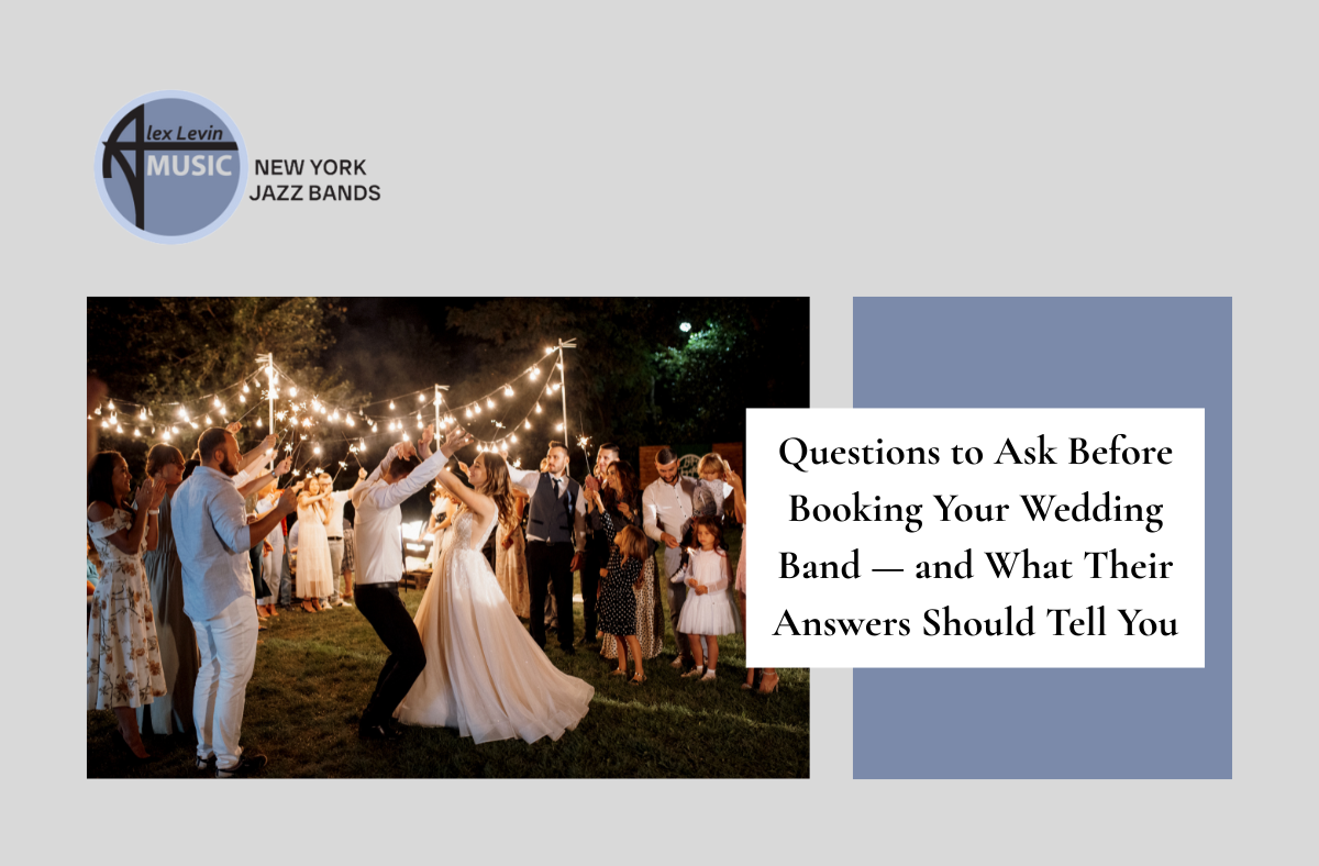 Wedding couple dancing under string lights with title text: Questions to Ask Before Booking Your Wedding Band