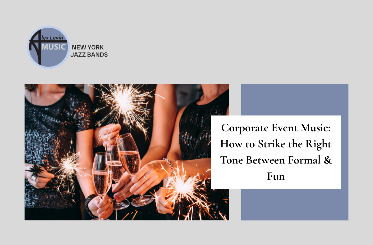 Corporate event music poster with champagne toast and sparkler, blue and white design