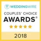 WeddingWire Couples' Choice Awards badge, 2018, with five gold stars on white and yellow background