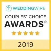 WeddingWire Couples’ Choice Awards badge with five gold stars and “2019” on a white and yellow background