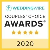 WeddingWire Couples’ Choice Awards badge, gold and white, 2020, with five stars