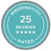 WeddingWire 25 reviews rated badge in teal circle with five stars