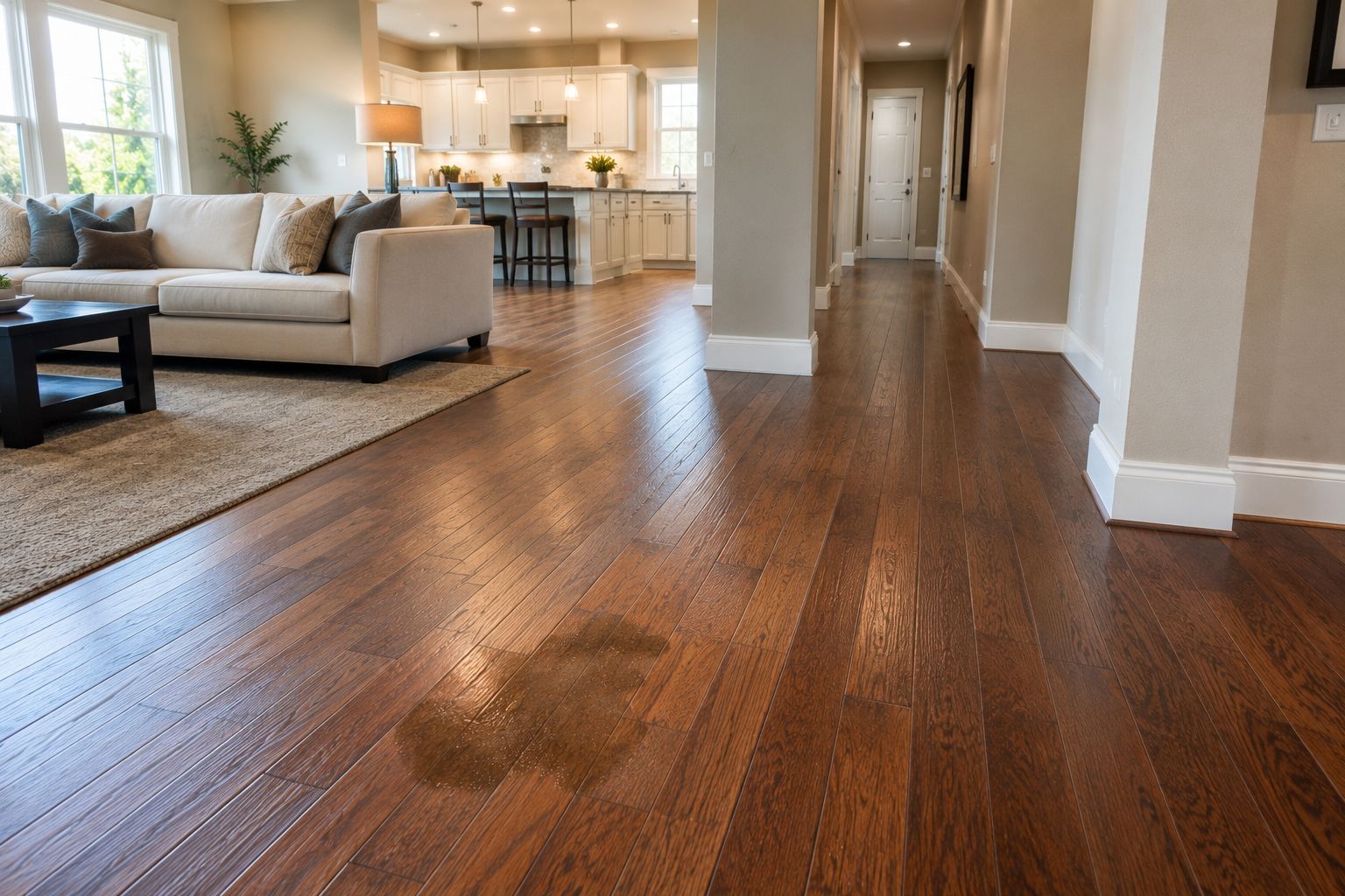 Open-concept living room with hardwood floors, beige sofa, and kitchen in the background