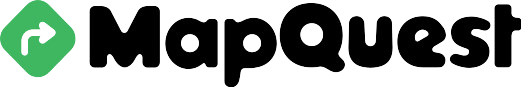 MapQuest logo. The wordmark is black, with a green diamond graphic containing a white curved arrow on the left.