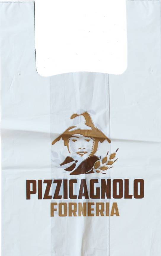 Una borsa bianca con scritto sopra pizzicagnolo forneria