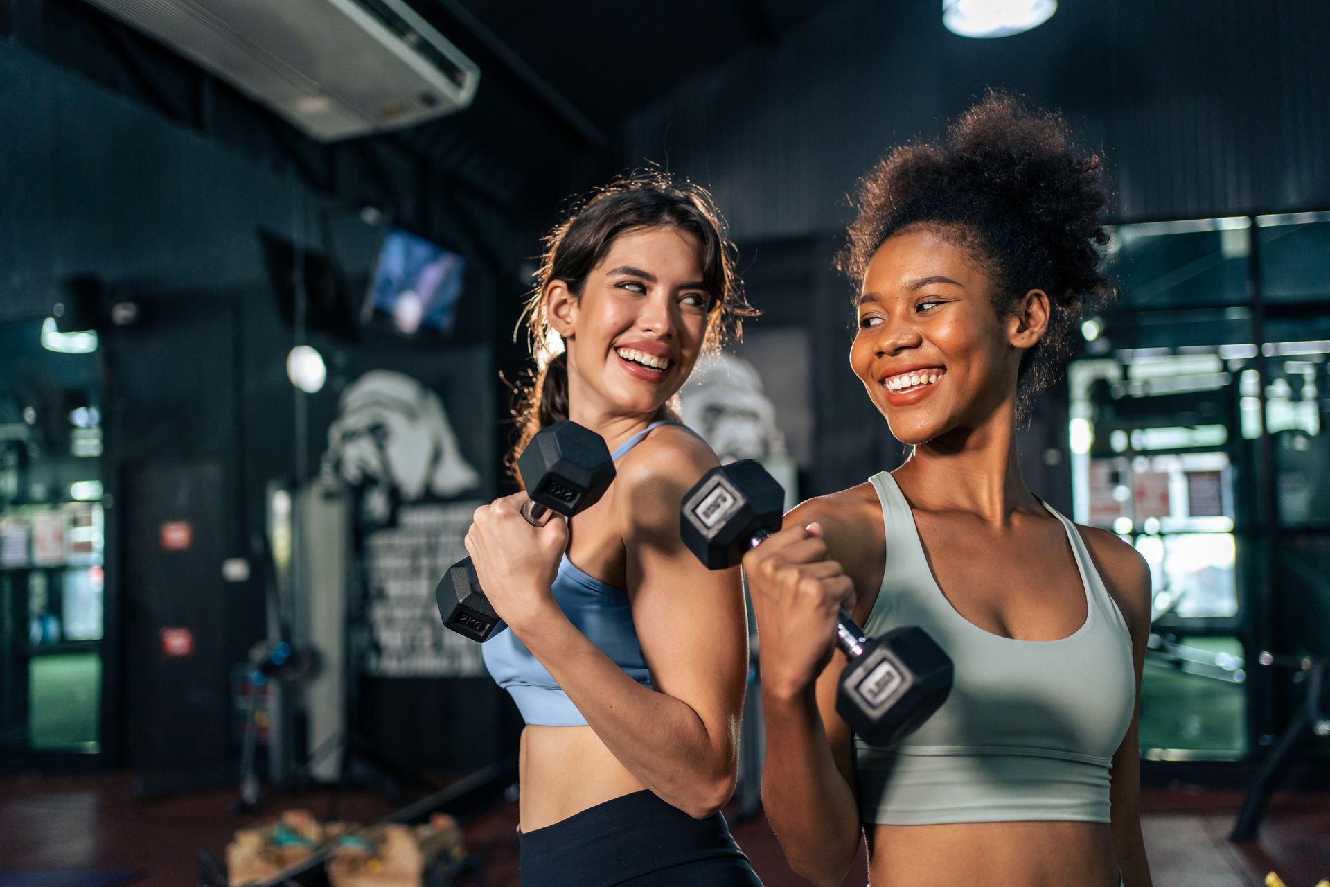 Two women smiling, holding dumbbells at the gym. Two women smiling, holding dumbbells at the gym.