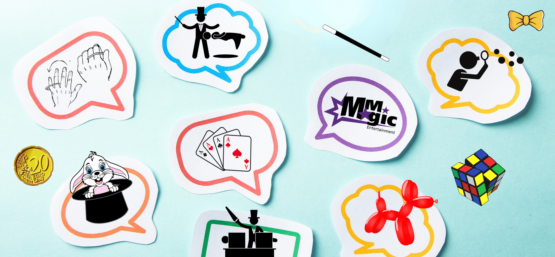 Een aantal stickers op een blauw oppervlak die met magie te maken hebben.