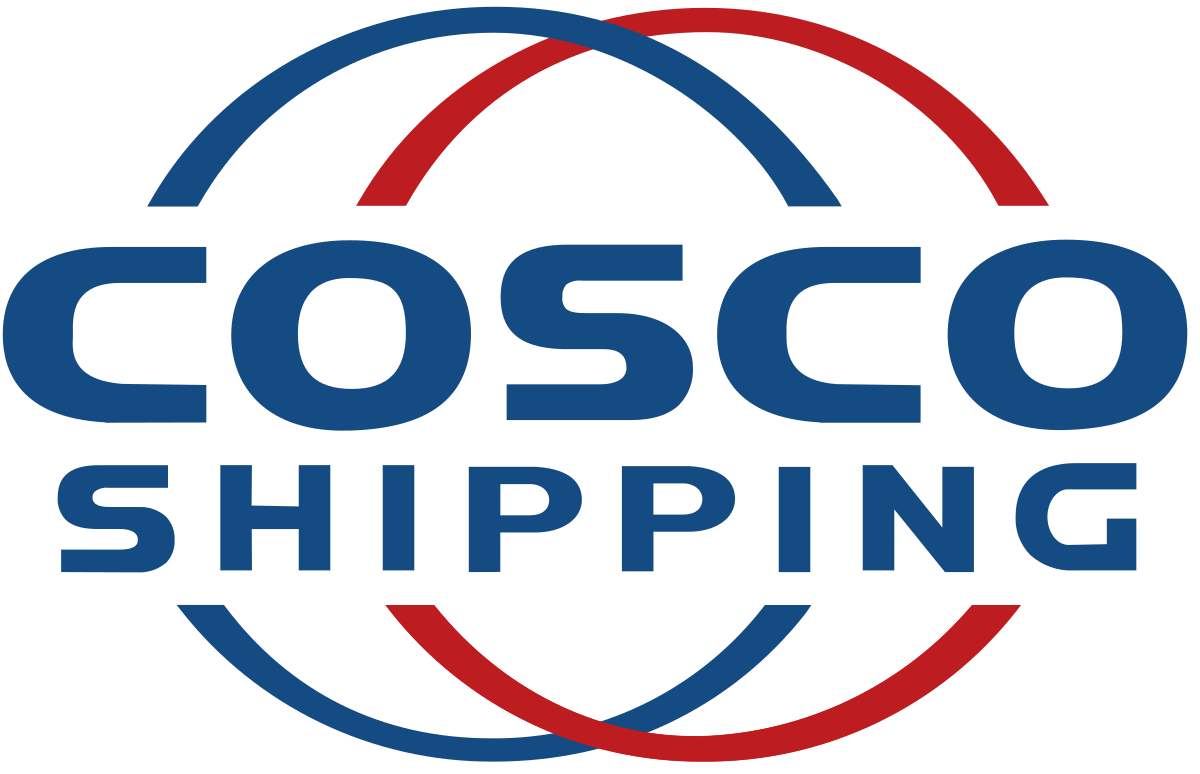 COSCO SHIPPING logo with blue text and two overlapping arcs, one red, one blue.