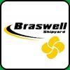 Logo for Braswell Shipyard: black text, yellow swoosh, and a yellow flower-like design on a white background.