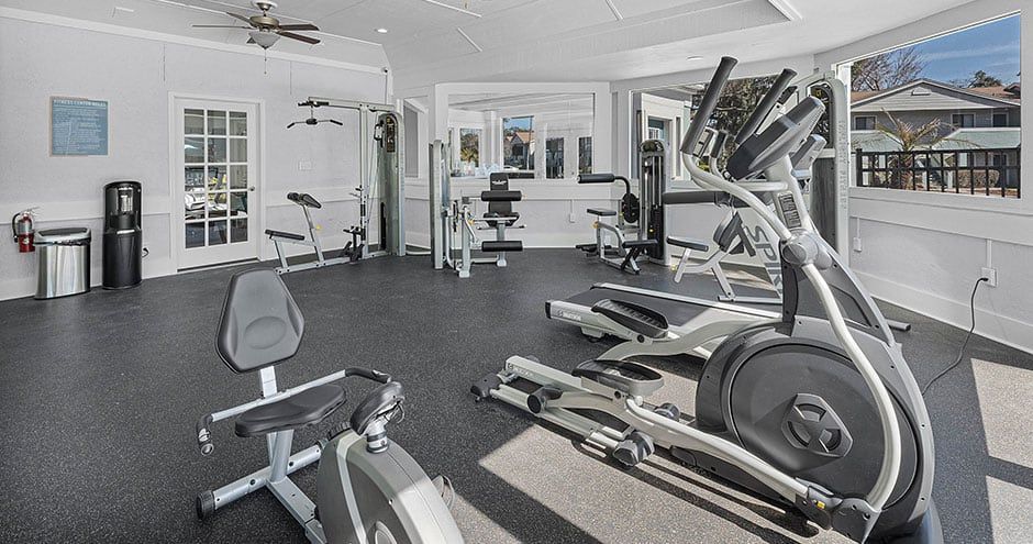 Gym with exercise equipment, including elliptical, recumbent bike, weight machines, and a view of a deck.