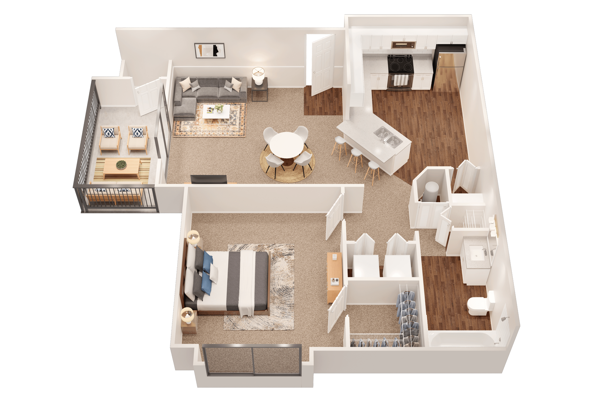 Floor plan of a one-bedroom apartment with a kitchen, living area, dining area, balcony, and bathroom.