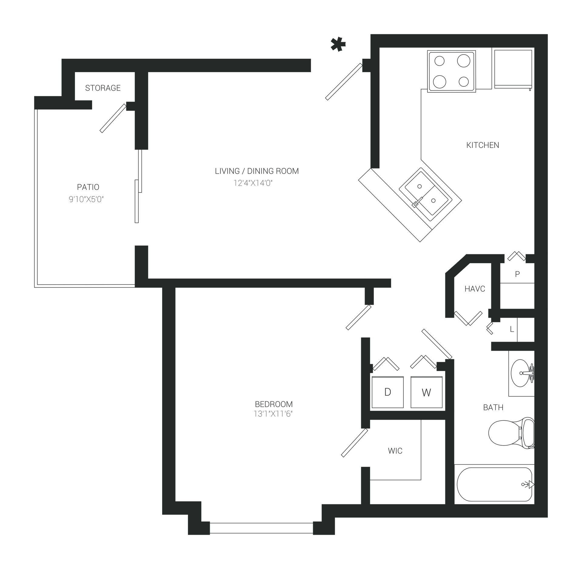 Floor plan of an apartment with a bedroom, living room, kitchen, and bathroom.