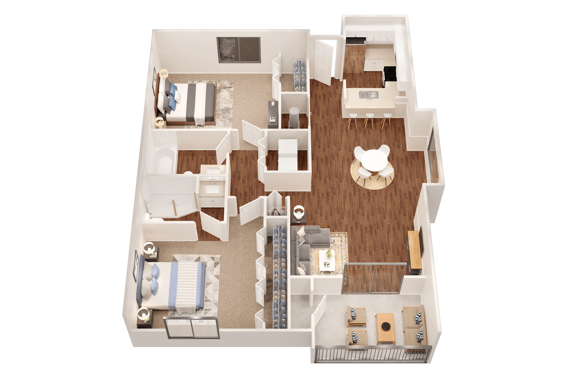 Floor plan: Top-down view of a two-bedroom apartment. Includes bedrooms, kitchen, living room, and balcony.