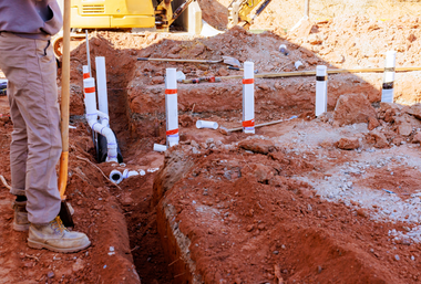 A person in work boots stands in a dirt trench next to white plumbing pipes installed at a construction site.