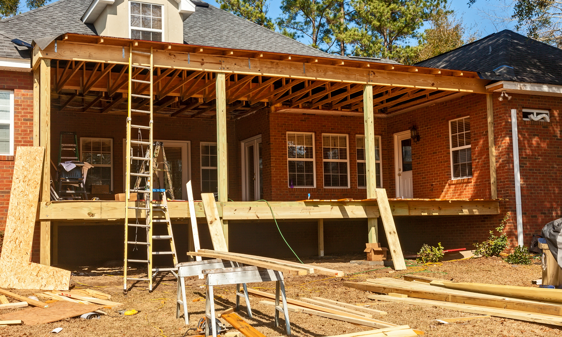A photo of a porch being constructed in Athens, GA. The porch is still being built so it is not finished yet.