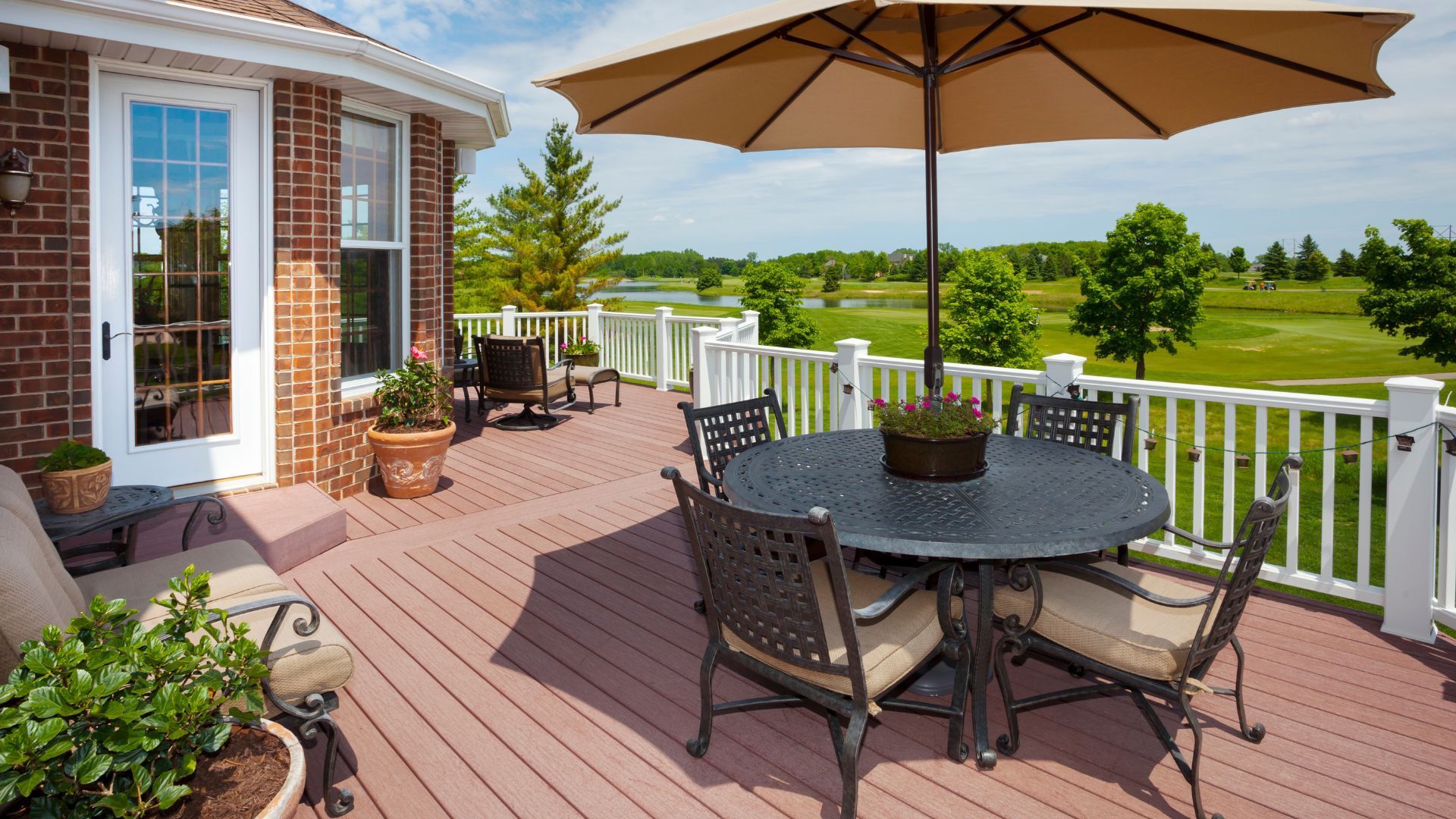 Inviting deck with outdoor seating overlooking a golf course in Athens, GA.